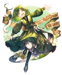  1girl :d blush brushbug closed_eyes clothes_lift coco_(tongari_boushi_no_atelier) dress dress_lift full_body green_dress green_hair happy lifted_by_self long_sleeves official_art open_mouth promotional_art puffy_long_sleeves puffy_sleeves shirahama_kamome short_hair smile solo teeth tongari_boushi_no_atelier 