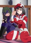  2girls absurdres arm_between_legs black_eyes black_hair blue_eyes blurry blurry_background bodysuit boku_no_hero_academia boots breasts closed_mouth commentary dark_green_hair domino_mask expressionless eye_mask eyebrows_visible_through_mask green_hair grin half-closed_eye hand_up highres impossible_bodysuit impossible_clothes indoors knees_up kodai_yui koyap large_breasts leaning_forward long_sleeves looking_at_viewer mask medium_hair multiple_girls sitting skin_tight smile symbol-only_commentary tokage_setsuna v visor_cap 