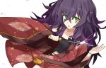  1girl absurdres bags_under_eyes bare_shoulders black_tank_top fighting_stance frown green_eyes hand_up haori highres japanese_clothes kitorakito long_hair loose_clothes messy_hair mouri_toushirou_(tenka_hyakken) open_mouth purple_hair serious short_sword sparkle sword tank_top tantou tenka_hyakken weapon wide_sleeves 