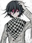  1boy absurdres arm_up bangs black_eyes black_hair blood blood_on_face buttons checkered_clothes checkered_scarf danganronpa_(series) danganronpa_v3:_killing_harmony double-breasted grey_background grey_jacket hand_in_own_hair highres jacket long_sleeves medium_hair messy_hair ouma_kokichi parted_lips pink_blood scarf solo teeth upper_body wa_noko white_background 