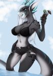 anthro beverage black_sclera blue_eyes blue_horn bottomwear bra breasts clothed clothing cloud cutoffs daisy_dukes denim denim_clothing dragon female glass grey_body hair hi_res holding_glass holding_object horn hotpants impracticalart long_hair midriff navel nipple_outline open_mouth outside partially_clothed partially_submerged pupils scalie sharp_teeth shorts skimpy sky slit_pupils solo standing_in_water teeth underwear white_hair wingless_dragon 