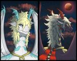  aetherioux_(nuree_art) anthro blonde_hair blue_eyes brown_body claws dragon eye_contact feathered_wings feathers hair horn jewelry looking_at_another male moon muscular muscular_male necklace night nuree_art portrait scalie scenery solo western_dragon white_body wings 