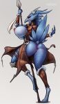  anivia_(lol) anthro anus avian beak big_breasts big_butt bird blue_body blue_feathers bottomless breasts butt clothed clothing feathers female genitals glistening glistening_butt hi_res holding_object holding_weapon huge_breasts league_of_legends melee_weapon nipples non-mammal_breasts non-mammal_nipples partially_clothed polearm pussy rear_view redrime riot_games simple_background solo spear tail_feathers weapon 