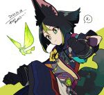  1boy animal_ear_fluff animal_ears bangs black_gloves black_hair clenched_hands closed_mouth commentary_request crystalfly_(genshin_impact) dated flower fox_boy fox_ears fox_tail genshin_impact gloves green_eyes green_hair highres hood hood_down male_focus medal multicolored_hair shigetake_(buroira) simple_background tail tassel tighnari_(genshin_impact) translation_request two-tone_background vision_(genshin_impact) yellow_flower 