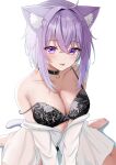  1girl :p absurdres ahoge animal_ear_fluff animal_ears bangs bare_shoulders blush bra breasts c1p122 cat_ears cat_girl cat_tail cleavage collar collarbone crossed_bangs hair_between_eyes highres hololive lace-trimmed_bra lace-trimmed_panties lace_trim long_sleeves nekomata_okayu panties purple_eyes purple_hair shirt short_hair sitting smile solo tail tongue tongue_out underwear virtual_youtuber wariza white_background 