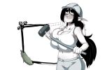  1girl bankage breasts cleavage closed_eyes commentary crop_top cucumber elfie_(bankage) english_commentary greyscale hammer hardhat helmet holding holding_hammer huge_breasts midriff monochrome navel original pants pointy_ears sledgehammer smile solo 