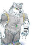  abs anthro biceps black_and_white_fur bottomwear clothing dripping green_eyes hamp0ham hi_res lifewonders live_a_hero male monomasa muscular muscular_anthro muscular_male pants pecs red_sclera shirt simple_background slime solo tank_top topwear white_background 
