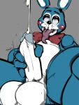  absurd_res animatronic anthro balls blue_body bodily_fluids bow_(feature) cum digital_media_(artwork) erection five_nights_at_freddy&#039;s five_nights_at_freddy&#039;s_2 genital_fluids genitals hi_res lagomorph leporid machine male mammal masturbation nude orgasm orgasm_face penile penile_masturbation penis rabbit robot scottgames simple_background solo text tongue toy_bonnie_(fnaf) trailmixtrail white_body 