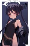  1girl bare_shoulders black_dress black_gloves black_hair blue_archive blush breasts butterfly_hair_ornament china_dress chinese_clothes covered_navel double_bun dragon_print dress gloves grey_eyes hair_bun hair_ornament halo highres kisaki_(blue_archive) long_hair looking_at_viewer rai_(sakuranbo_sugar) sleeveless small_breasts solo twintails white_background 