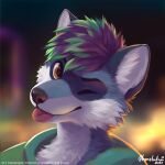  2023 blep digital_media_(artwork) fur green_hair hair headshot_portrait looking_at_viewer mammal orange_eyes portrait procyonid purple_body purple_fur purple_hair raccoon smile thanshuhai tongue tongue_out 