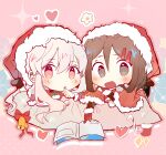 2girls alternate_costume bell blue_flower blush book brown_eyes brown_hair candy candy_cane chibi chinese_commentary christmas_stocking dotted_background enpera flower food friends fur-trimmed_headwear fur-trimmed_jacket fur_trim gloves hair_between_eyes hair_ornament hairclip hat heart highres jacket jingle_bell kagerou_project kozakura_marry mekakucity_actors multicolored_clothes multicolored_jacket multiple_girls no_scarf open_book open_mouth otorigg parted_lips pillow pink_background pink_eyes pink_jacket pointing pointing_down red_gloves red_headwear red_jacket red_socks santa_costume santa_hat socks tateyama_ayano two-tone_jacket wavy_hair white_flower white_hair white_headwear 