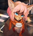  2021 anthro artist_name blue_eyes brown_clothing clothed clothing coffee_cup container cup digital_media_(artwork) eyebrows eyelashes female hair half-length_portrait hi_res holding_coffee_cup holding_container holding_cup holding_object inner_ear_fluff mammal pink_hair portrait scarf shaded solo tan_inner_ear_fluff tuft v3nusbby 