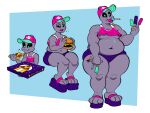  2021 3_toes alien alien_humanoid anthro baseball_cap belly big_belly black_sclera blue_background blue_bottomwear blue_clothing blue_pants bottomwear burger clothing crop_top deep_navel dessert dusty_(silverscarf) eating feet food food_in_mouth footwear green_eyes half-closed_eyes hat headgear headwear hi_res hotpants humanoid ice_cream male midriff narrowed_eyes navel nonbinary_(lore) open_mouth pants pink_clothing pink_shirt pink_topwear pizza roswell_grey sandals shirt shorts silverscarf simple_background solo standing thick_thighs toes tongue topwear weight_gain 