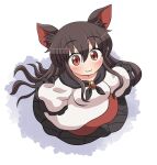  1girl :3 animal_ear_fluff animal_ears blush brown_hair closed_mouth dress hair_between_eyes imaizumi_kagerou long_hair red_dress red_eyes rokugou_daisuke signature sleeves_past_fingers sleeves_past_wrists smile solo touhou white_dress wide_sleeves wolf_ears 