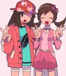  2girls :d ;d alternate_color bangs bike_shorts brown_hair closed_eyes coat commentary_request cowboy_shot detached_sleeves double_w eyelashes green_shirt hairband hands_up happy hat highres leaf_(pokemon) leaf_(sygna_suit)_(pokemon) long_hair looking_at_viewer lyra_(pokemon) lyra_(sygna_suit)_(pokemon) multiple_girls official_alternate_costume one_eye_closed open_clothes open_coat open_mouth pink_coat pink_shirt pink_skirt pokemon pokemon_(game) pokemon_masters_ex red_headwear shirt skirt sleeveless sleeveless_shirt smile standing tongue twintails tyako_089 w 