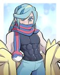  abs absurdres blonde_hair blue_eyes blue_hair commentary cowboy_shot english_commentary eyebrows_hidden_by_hair grusha_(pokemon) highres jacket kermittend multicolored_hair muscular muscular_male open_clothes open_jacket pokemon pokemon_(game) pokemon_sv scarf scarf_over_mouth shirt sleeveless sleeveless_shirt striped striped_scarf sweat tight tight_shirt 