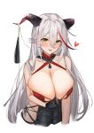  1girl :p absurdres aegir_(azur_lane) azur_lane bangs bare_shoulders bodystocking breasts cleavage covered_navel criss-cross_halter cropped_torso cross demon_horns gloves hair_between_eyes halterneck highres horns huge_breasts long_hair looking_at_viewer marumai multicolored_hair red_hair solo streaked_hair tongue tongue_out two-tone_hair very_long_hair white_background white_hair yellow_eyes 