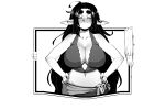  1girl bankage blush breasts cleavage commentary crop_top elfie_(bankage) greyscale hands_on_hips large_breasts long_hair midriff monochrome navel original plunging_neckline pointy_ears smile solo thick_eyebrows very_long_hair 