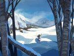  1girl asirpa bandana bare_tree black_hair blue_bandana blue_sky bow_(weapon) cape chinese_commentary cloud commentary_request dated_commentary day full_body fur_cape golden_kamuy long_hair mountainous_horizon outdoors quiver scenery shadow sky snow solo standing tree weapon white_cape winter zi_tsas 