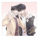  2boys bangs black_hair black_jacket blue_eyes brown_jacket cang_cheng collared_shirt dated grin hand_on_another&#039;s_hip hand_up hands_up jacket jewelry kaitou_kid kudou_shin&#039;ichi long_sleeves looking_at_viewer male_focus mask mask_pull meitantei_conan mouth_mask multiple_boys necklace off_shoulder open_clothes open_jacket shirt short_hair smile sweater teeth upper_body upper_teeth_only white_background white_shirt 