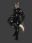  2021 anthro balls_outline black_latex brown_body brown_fur bulge canid canine canis claws clothing digital_media_(artwork) fur genital_outline glistening glistening_clothing grey_background hand_on_hip hi_res looking_up male mammal markings penis_outline rubber rubber_clothing rubber_suit shinyrubberpuro simple_background skinsuit solo standing striped_markings striped_tail stripes tail tail_markings tight_clothing visor white_body white_fur wolf xionus yellow_lens 