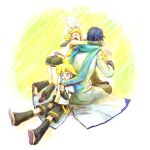  1girl 2boys banana black_shorts blonde_hair blue_eyes blue_hair blue_scarf boots coat detached_sleeves food fruit hair_ornament hairclip headphones hug kagamine_len kagamine_rin kaito_(vocaloid) multiple_boys open_mouth scarf short_hair shorts siblings sitting twins vocaloid yoneda_(datsugoku) 