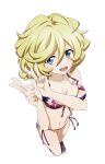  1girl absurdres bikini blonde_hair blue_eyes braid braided_ponytail breasts double_v elfnein highres looking_at_viewer medium_breasts mole mole_under_eye navel open_mouth print_bikini senki_zesshou_symphogear shiny_skin shoes short_hair side-tie_bikini_bottom simple_background smile sneakers standing swimsuit tanashi_(mk2) v white_background 