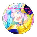  1girl ;d blue_hair bow-shaped_hair character_hair_ornament hair_ornament iono_(pokemon) jacket looking_at_viewer multicolored_hair one_eye_closed open_mouth pink_eyes pink_hair pokemon pokemon_(game) pokemon_sv sharp_teeth shirahama_kamome sleeves_past_fingers sleeves_past_wrists smile solo teeth two-tone_hair upper_body yellow_jacket 