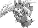  1boy body_fur flamethrower gloves goggles goggles_on_head greyscale grin league_of_legends looking_at_viewer looking_up mace mecha monochrome nyaamen_fork robot rocket rumble_(league_of_legends) sketch smile spiked_mace spikes teeth weapon yordle 