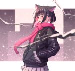  1girl animal_ears black_hair black_jacket blue_archive blurry blush breath colored_inner_hair depth_of_field english_commentary extra_ears from_side hair_ornament hairclip halo hands_in_pockets highres hood hood_down hooded_jacket jacket kazusa_(blue_archive) looking_afar multicolored_hair nyanom open_mouth pink_eyes pink_hair pink_scarf pleated_skirt scarf short_hair skirt snow solo two-tone_hair white_skirt 