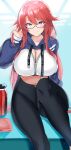  1girl absurdres bangs black_pants blue_eyes blush bottle breasts cleavage closed_mouth commission glasses hand_in_own_hair hand_up highres hood hoodie large_breasts long_hair long_sleeves maruyaa_(malya1006) original pants partially_unzipped red_hair sitting skeb_commission smile thighs water_bottle 