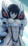  1girl abs absurdres backlighting black_hair blue_eyes blunt_ends breasts cleavage commentary frown highres junketsu kermittend kill_la_kill kiryuuin_satsuki large_breasts long_hair revealing_clothes solo upper_body v-shaped_eyebrows 