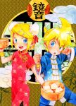  1boy 1girl animal_print bamboo bear_print blonde_hair blue_eyes blush china_dress chinese_clothes chinese_text cloud dress dumpling earrings fighting_stance food hair_bun hair_ornament hairclip holding holding_food jewelry kagamine_len kagamine_rin open_mouth panda_print siblings traditional_media twins vocaloid wristband yoneda_(datsugoku) 