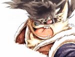  angry anthro canid canine canis domestic_dog eyebrows fur grey_body grey_fur hair hair_over_eye lifewonders male mammal one_eye_obstructed red_eyes ren_izayoi samurai scar shino_(housamo) solo thick_eyebrows tokyo_afterschool_summoners warrior yelling 
