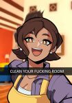  1girl absurdres apron breasts brown_eyes brown_hair cleavage collarbone commentary dark-skinned_female dark_skin earrings english_commentary english_text highres jewelry kermittend large_breasts medium_hair open_mouth paldea_mother photo_background pokemon pokemon_(game) pokemon_sv profanity selfie smile snapchat solo upper_body yellow_apron 