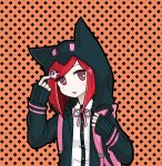  1girl :o animal_ears backpack bag bangs black_background black_jacket black_shirt blush cosplay cycyancyanide danganronpa_(series) danganronpa_v3:_killing_harmony dress_shirt fake_animal_ears galaga hair_ornament hands_up hat highres hood hooded_jacket jacket long_sleeves looking_at_viewer nanami_chiaki nanami_chiaki_(cosplay) neck_ribbon open_clothes open_jacket open_mouth orange_background pink_bag pink_ribbon red_eyes red_hair ribbon shirt short_hair sleeves_past_wrists upper_body white_shirt yumeno_himiko 