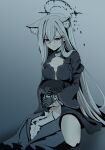  1boy 1girl absurdres animal_ear_fluff animal_ears bangs black_blood blood blue_archive breasts broken_halo cat_ears covering_another&#039;s_eyes covering_another&#039;s_mouth crying crying_with_eyes_open dark_halo gradient_background grey_background grey_hair halo hands_on_another&#039;s_face highres implied_death kneeling lap_pillow long_hair looking_at_another sad_smile sensei_(blue_archive) shiroko_(blue_archive) shiroko_(terror)_(blue_archive) skyrain315 small_breasts streaming_tears tears very_long_hair 