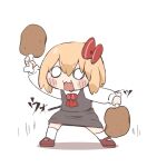  1girl :3 blonde_hair boned_meat chibi citrus_(place) dual_wielding fang food hair_ribbon holding legs_apart meat neck_bobbles open_mouth ribbon rumia shadow short_hair simple_background skin_fang solo touhou v-shaped_eyebrows white_background 