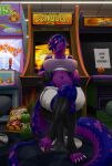  anthro arcade arcade_machine bottomwear breasts chain chips_(food) clothed clothing crop_top fangs female food gradient_tongue hi_res looking_at_viewer lovepuma69 neuzu_(anzuneth) nipples panties pink_eyes pink_nipples purple_body purple_scales reptile scales scalie shirt shorts snake solo teeth tongue tongue_out topwear translucent translucent_clothing translucent_topwear underwear viper 