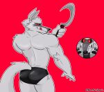  2023 absurd_res anthro ball biceps black_nose black_sclera bulge canid canine canis clothed clothing death_(puss_in_boots) deltoids digital_media_(artwork) dreamworks fur grin hi_res holding_object holding_weapon licking licking_lips looking_at_viewer male mammal mattvalkyrie melee_weapon mostly_nude multicolored_body multicolored_fur muscular muscular_anthro muscular_male puss_in_boots_(film) puss_in_boots_the_last_wish red_background red_eyes serratus sickle signature simple_background smile solo speedo swimwear tail tongue tongue_out topless two_tone_body two_tone_fur underwear weapon wolf 