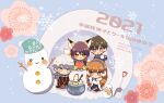  2021 2boys 2girls :&gt; :3 :o akeome animal_ears aqua_headwear bangs beanie blue_background blue_eyes blue_mittens blue_scarf blush_stickers bright_pupils brown_eyes brown_footwear cherry_blossoms chibi chopsticks closed_mouth coat coffee_mug cooking copyright_name cup drink earmuffs expressionless floral_background food fox_ears fox_girl fox_tail full_body fuyutsuki_(koori_zokusei_danshi) grill grilling hair_between_eyes hands_up happy_new_year hat heart himuro_(koori_zokusei_danshi) holding holding_cup holding_drink holding_heart holding_snowball hood hood_down hooded_coat kanoko_(pattern) komori_(koori_zokusei_danshi) koori_zokusei_danshi_to_cool_na_douryou_joshi kotoyoro long_hair long_sleeves looking_at_another looking_at_viewer looking_to_the_side mittens mochi mug multiple_boys multiple_girls nengajou new_year no_nose o_o official_art open_clothes open_coat pantyhose parted_lips plaid plaid_scarf print_headwear purple_eyes quinzhee saejima_(koori_zokusei_danshi) scarf seiza shichirin shovel sitting smile snow snow_shelter snow_shovel snowball snowflake_background snowflakes snowing snowman steam swept_bangs tail tonogaya wavy_hair white_coat white_hair white_pupils wing_collar winter_clothes yakimochi 