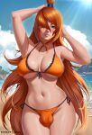  1girl arm_up armpits beach bikini breasts bulge cowboy_shot day exlic front-tie_bikini_top front-tie_top futanari green_eyes groin hair_over_one_eye highres large_breasts lips long_hair naruto naruto_(series) navel orange_bikini orange_hair outdoors parted_lips side-tie_bikini_bottom solo swimsuit terumi_mei very_long_hair 