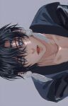  1boy akatsuki_no_yona bangs black_hair blue_eyes commentary_request earrings feather_earrings feathers grey_background hair_between_eyes hak_(akatsuki_no_yona) headband highres jewelry korean_commentary looking_at_viewer male_focus open_mouth short_hair simple_background solo soowon_01 