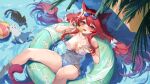  1991_(blz) 1girl afloat animal_ears beach bikini breasts cat cat_ears cat_girl cat_tail day eating eyewear_on_head food hair_ornament hair_ribbon innertube large_breasts long_hair looking_at_viewer navel ocean open_mouth original outdoors partially_submerged popsicle red_hair ribbon summer swimsuit tail twintails very_long_hair water white_bikini 
