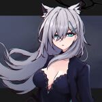 1girl animal_ear_fluff animal_ears black_dress blue_archive blue_eyes breasts chromatic_aberration cleavage cross_hair_ornament dress earrings grey_hair hair_between_eyes hair_ornament halo highres jewelry letterboxed long_hair looking_at_viewer m_r_b mismatched_pupils parted_lips shiroko_(blue_archive) shiroko_(terror)_(blue_archive) simple_background sketch solo stud_earrings upper_body wolf_ears 