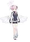  1girl absurdres angel_wings blue_archive double_bun flower gym_shorts hair_bun hair_flower hair_ornament hair_scrunchie halo highres jacket kilabo low_wings mika_(blue_archive) pink_hair scrunchie shorts solo track_jacket white_footwear white_wings wing_ornament wings yellow_eyes 