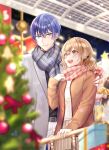  1boy 1girl aoyagi_touya azusawa_kohane bangs belt blue_hair brown_eyes brown_skirt christmas_ornaments christmas_present christmas_tree closed_mouth coat commentary_request dark_blue_hair gift grey_eyes hair_between_eyes hair_tie hand_on_another&#039;s_shoulder highres hizaki_sui lapels light_brown_hair long_sleeves medium_hair mole mole_under_eye multicolored_hair open_clothes open_coat open_mouth pleated_skirt project_sekai scarf short_hair skirt star_(symbol) twintails 