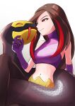  1girl absurdres arutarika_(ri_kaoekaki) breasts brown_hair closed_mouth commentary_request cropped_shirt eyelashes gloves hand_up highres lucy_(pokemon) multicolored_hair navel pokemon pokemon_(creature) pokemon_(game) pokemon_emerald pokemon_rse purple_gloves purple_shirt red_eyes red_hair seviper shirt sleeveless sleeveless_shirt smile snake streaked_hair turtleneck two-tone_hair white_background 
