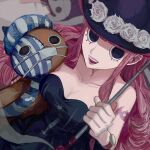  1girl bangs black_eyes blunt_bangs breasts cleavage dress drill_hair from_above ghost hat highres holding holding_stuffed_toy large_breasts long_hair looking_at_viewer one_piece perona pink_hair smile solo striped stuffed_toy twintails umbrella yadu_nadu 