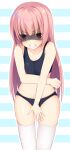  1girl angry aria. arm_under_breasts bangs bare_arms bikini black_bikini blunt_bangs blush breasts breasts_squeezed_together cleavage clenched_teeth collarbone commentary_request covering covering_crotch long_hair looking_at_viewer mitsukasa_ayase pink_hair purple_eyes riddle_joker shaded_face sidelocks simple_background skindentation small_breasts solo standing stomach straight_hair striped striped_background sweatdrop swimsuit teeth thighhighs v-shaped_eyebrows very_long_hair white_thighhighs 